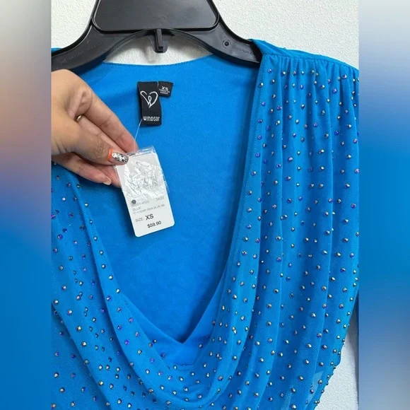 Cowl Mesh rop Top Vibrant Blue Beaded Blouse - Picture 4 of 7